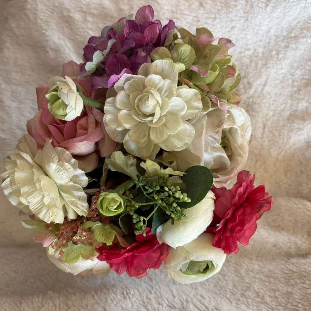 Artificial Floral Arrangement in Black Planter Ranunculus Hydrangeas Roses